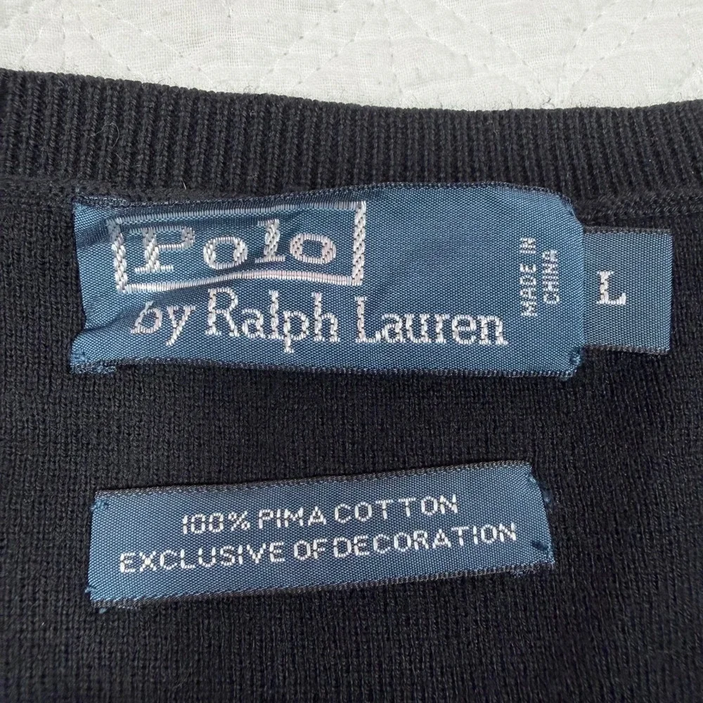 Polo Ralph Lauren Men Sweater Vest Large 100% Pima Cotton V-Neck Black Excellent